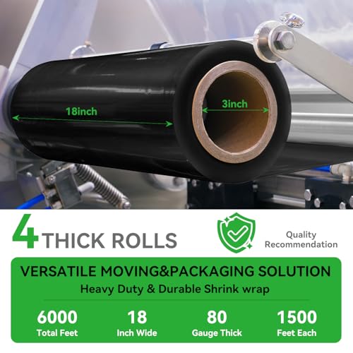 18"x1500ft Black Stretch/Shrink Wrap Roll for Moving, 4 Rolls - style: 18inch-4pack