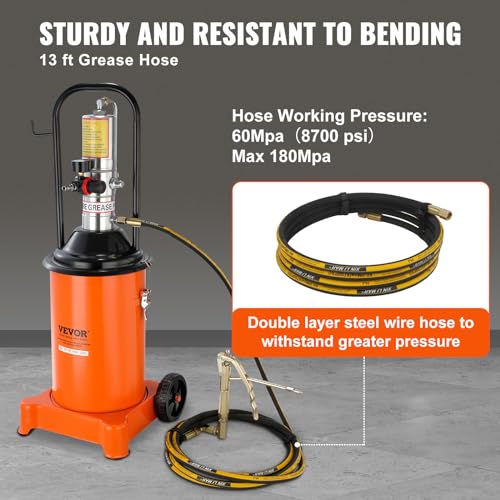 VEVOR Grease Pump, 3 Gallon Air Grease Pump with 13 ft High Pressure Hose and Grease Gun, 12L Pneumatic Grease Pump with Wheels, Portable Lubrication Grease Pump - style: 3 Gallon