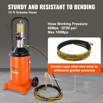 VEVOR Grease Pump, 3 Gallon Air Grease Pump with 13 ft High Pressure Hose and Grease Gun, 12L Pneumatic Grease Pump with Wheels, Portable Lubrication Grease Pump - style: 3 Gallon