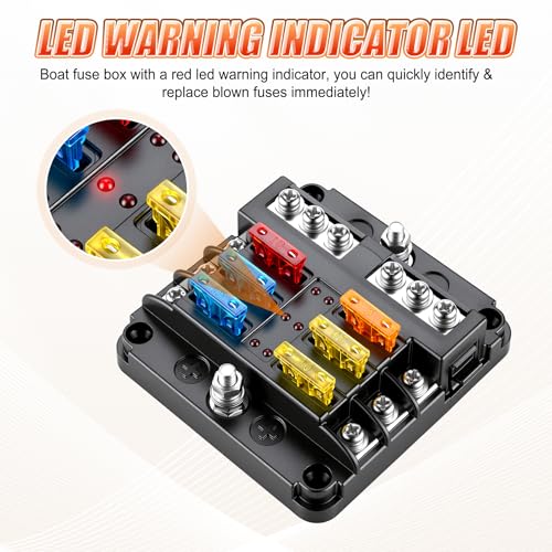 GaRhomxy 6 Way Fuse Block, 12V Marine Fuse Block with LED Warning Indicator, Waterproof Boat Fuse Panel & Power Distribution Block, 12-24V DC Fuse Box for Car Marine RV Truck Van ATO/ATC - size: 6 Way