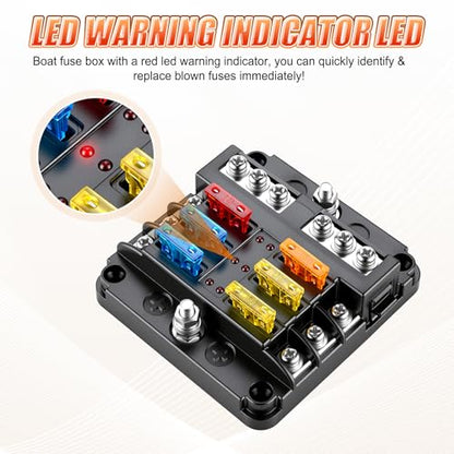 GaRhomxy 6 Way Fuse Block, 12V Marine Fuse Block with LED Warning Indicator, Waterproof Boat Fuse Panel & Power Distribution Block, 12-24V DC Fuse Box for Car Marine RV Truck Van ATO/ATC - size: 6 Way