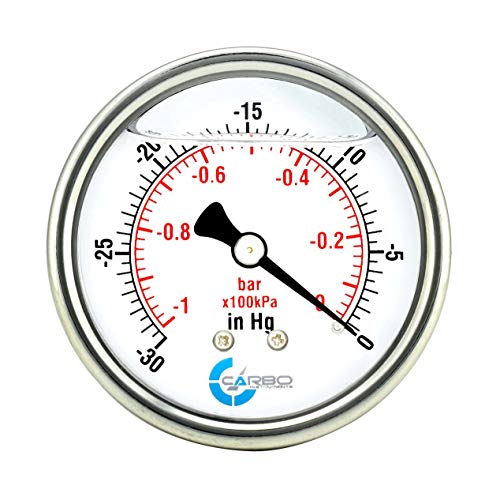 1-1/2" Pressure Gauge, Stainless Steel Case, Chrome Plated Brass Connection, Lqiuid Filled, Vacuum -30 Hg/0, Back Mount 1/8" NPT - style: -30 inHg