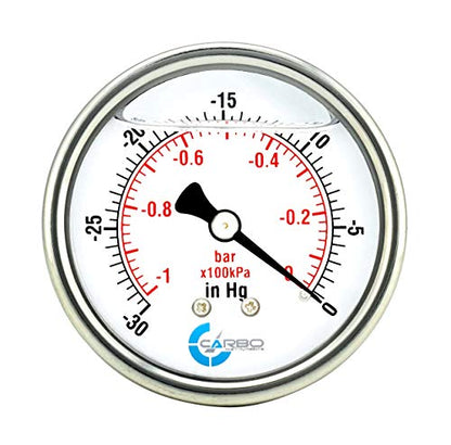 1-1/2" Pressure Gauge, Stainless Steel Case, Chrome Plated Brass Connection, Lqiuid Filled, Vacuum -30 Hg/0, Back Mount 1/8" NPT - style: -30 inHg