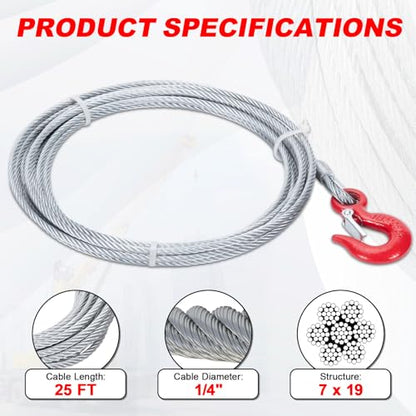 1/4" x 25' Steel Winch Cable, 7x19 Winch Rope with Safety Hook - size: 1/4"x25ft