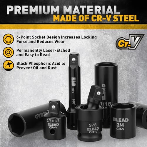 ELEAD 96-Piece 3/8" Drive Impact Socket Set, SAE(5/16 to 3/4-Inch) & Metric(8-22mm), Standard & Deep Sockets, Ratchet Handle, Bit Set, Universal Joint, Extension Bar, Adapters, Spark Plug Sockets - color: 96pcs 3/8'' Drive Impact Socket Set Black