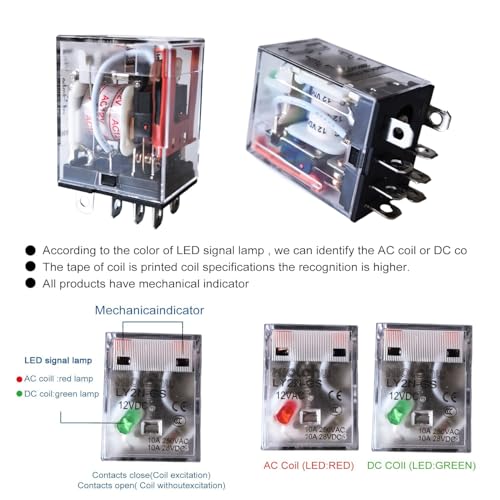 Electromagnetic Power Relay, 8-Pin 10 AMP 12V DC Relay Coil with Socket Base, LED Indicator, DPDT 2NO 2NC LY2N-GS 1PCS [Applicable for DIN Rail System] (1, DC12V)