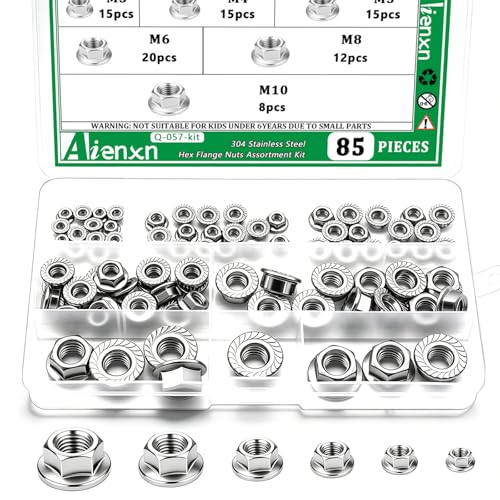 85PCS Hex Flange Nuts Assortment, 304 SS, 6 Metric Sizes M3-M10 - color: Silver, size: M3-M10 (85PCS)