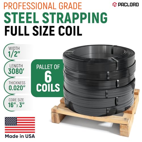 1/2" x 3080' Heavy-Duty Steel Strapping, Pallet of 6 Coils, 0.020" Thick, 1180 Lbs Break Strength, 16" x 3" Core - Pallet Metal Banding - Approved for UPS, Railroad Shipments - size: 6 Coils (Pallet)