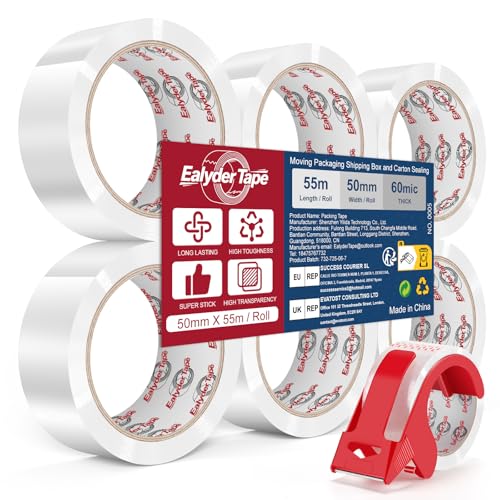 6 Rolls Transparent Packing Tape 2" x 60Yd with Dispenser Clear Tape - size: Clear, 6 Rolls - 2In x 60Yd