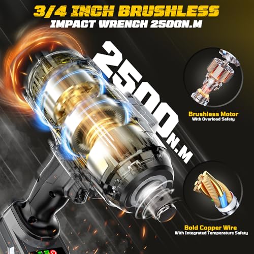 Cerycose 3/4" Cordless Impact Wrench Compatible with DeWalt 20V Battery, 1850 Ft-lbs (2500N·m) High Torque Brushless Impact Driver, 4 Sockets & Carrying Case, Heavy Duty for Trucks, Cars & Mowers - size: 3/4inch, style: Compatible with DeWalt& 4Sockets(No