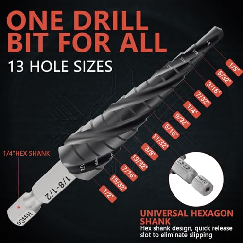 M35 Four Spiral Flute Cobalt Step Drill Bit, 1/8"-1/2", - size: M35 Cobalt 1 Piece (1/8"-1/2", 13 Steps)