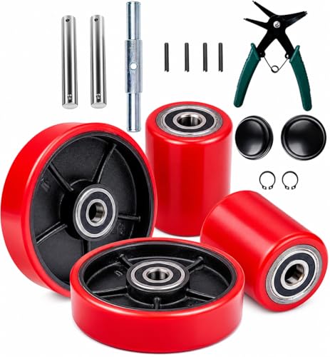 Pallet Jack Wheels Replacement Kit, Complete Set for Most Hand Pallet Jacks, 2 Steering Wheels 7" x 2" & 2 Load Rollers 3.14" x 3.54", 20mm ID Bearings, Axles & Installation Tools, 6,600 lbs Capacity - size: 7"x 2" & 3.14" x 3.54"