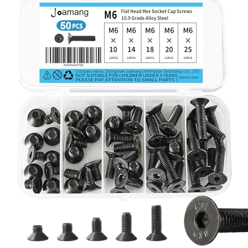M6 x 10mm 14mm 18mm 20mm 25mm Flat Head Hex Socket Cap Screws Countersunk Bolts, 10.9 Grade Alloy Steel, Black Oxide Finish, Metric Allen Drive, Fully Threaded, Assortment Kit 50Pcs - size: M6 x10/14/18/20/25 mm
