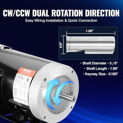 VEVOR 2HP Electric Motor 3450 RPM, AC 230V/460V, 56C Frame, Air Compressor Motor 3-Phase, 5/8" Keyed Shaft, CW/CCW Rotation for Agricultural Machinery and General Equipment - size: 2P-5/8" Shaft