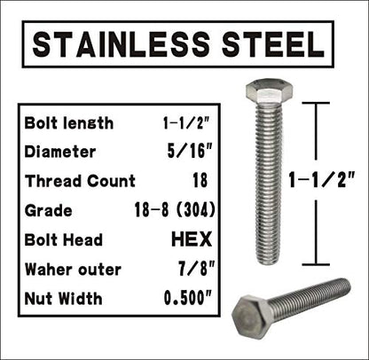 Fullerkreg 5/16-18x1-1/2 Stainless Steel Hex Head Screws Bolts Kit - size: (10 Sets) 5/16x1-1/2"