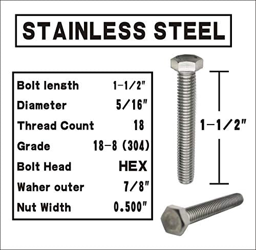 Fullerkreg 5/16-18x1-1/2 Stainless Steel Hex Head Screws Bolts Kit - size: (10 Sets) 5/16x1-1/2"