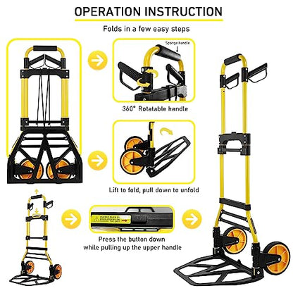 Folding Hand Truck and Dolly, 440lbs Capacity Portable Luggage Dolly Cart with Rubber Wheels and Retractable Handle, Aluminum Foldable Hand Cart for Transportation/Luggage/Mobile/Travel/Office Use - color: Yellow