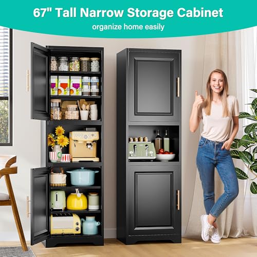 SISESOL 67" Tall Narrow Storage Cabinet with 2 Door and 7 Shelves,Slim Kitchen Pantry Cabinet,Black Metal Bathroom Cabinets,Large Cupboard for Home,Kitchen,Laundry,Bathroom - color: Black, size: 20"W