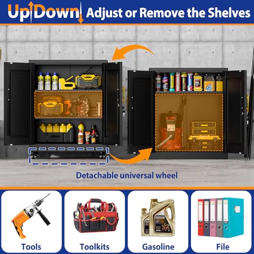 GAIOUS Metal Storage Cabinet with Lock and Wheels, Steel Tool Cabinet - color: Black, size: 13.8"D x 27.6"W x 35.4"H