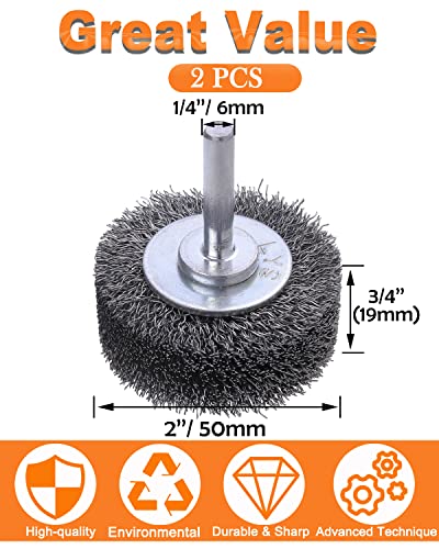 Rocaris 2 Pack 2 Inch Wire Wheel Brush for Drill Attachment - Heavy Duty Carbon Steel Brushes for Paint, Rust & Corrosion Removal - 0.0118" Wire, 1/4in Shank, 20000RPM
