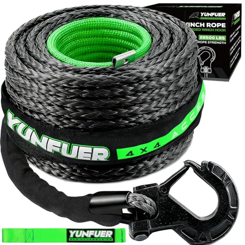 Synthetic Winch Rope with Hook, 3/8" x 92ft 26500LBS Winch Rope with Protective Sleeve, Forged Winch Hook and Safety Pull Strap for Off-Road 4x4 Vehicle, Truck(Black) - color: black, size: 3/8"x92ft