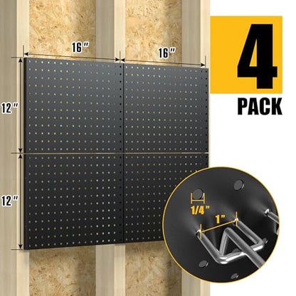Spampur Peg Board, 4 Pack Metal Black Pegboard Panels with 50 Hooks - color: Black, size: 16x12"- 4 Pcs