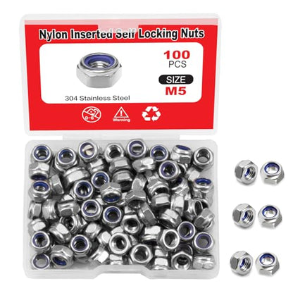 100 Pcs M5 x 0.8mm Nylon Inserted Self Locking Nuts Hex Lock Nuts Assortment 304 Stainless Steel Self Clinching Nut Plain Finish Inserted Hex Lock Nut with Storage Box - size: M5