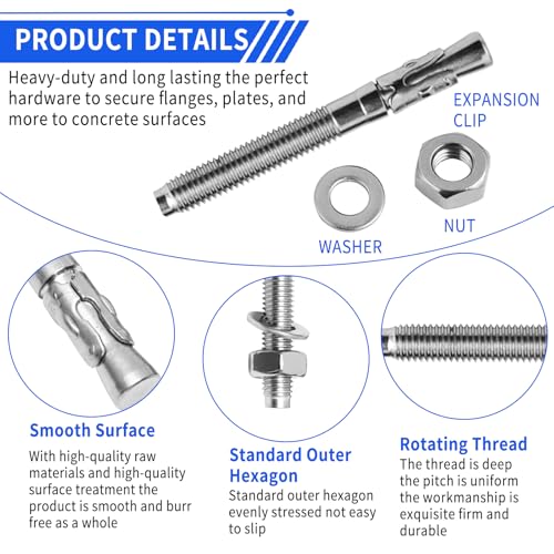 3/8" x 3.5" Wedge Anchors, 8Pcs 304 Stainless Steel Expansion Bolt