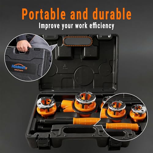 BSPT Ratchet Pipe Threader Kit w/ 3 Dies (1/2", 3/4", 1"), Heavy-Duty 9SiCr Steel Threading Tool for Galvanized, Iron, Copper & Aluminum Pipes, Portable with Storage Case for Plumbing - size: 1/2"- 1" (BSPT-3pcs)