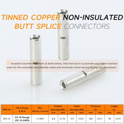 SVAAR 100PCS 22-16 Gauge Non Insulated Butt Connectors 22-16 AWG Uninsulated Butt Splice Connectors Crimp Repair Butt Splices Kit Tinned Copper Marine Grade Seamless Barrel Crimp Butt Splice Terminals - color: Tinned Copper