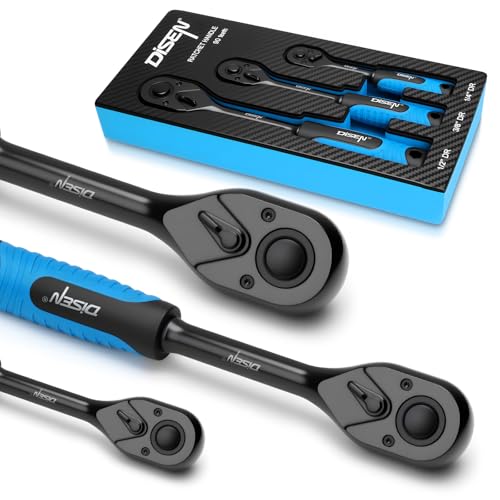 DISEN 3PCS Black Ratchet Set (1/2", 3/8", 1/4" Drive) - 90-Tooth Drive Ratchet Socket Wrench Reversible with Non-slip Rubber Grip, Quick Release & EVA Tray - Professional Ratchet Wrench Handle Kit - size: 3 pieces Standard Ratchet Set - Soft Handle