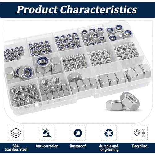 Metric Hex Nut & Lock Nut Assortment Kit (M3-M12) 360Pcs - size: Metric Hex Nuts and Locknuts, 360 Pcs