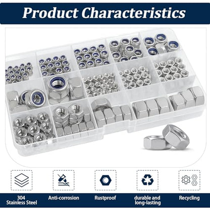 Metric Hex Nut & Lock Nut Assortment Kit (M3-M12) 360Pcs - size: Metric Hex Nuts and Locknuts, 360 Pcs
