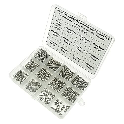 420PCS 304 SS M3 Phillips Pan Head Machine Screws Nuts Washers Kit - size: M3