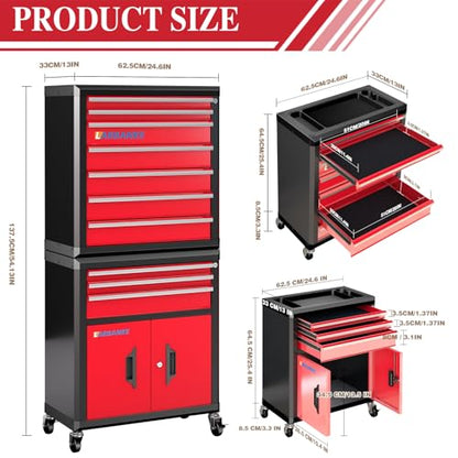 LARBANKE 10-Drawer Rolling Tool Chest with Wheels&Locks, Red Tool Cabinet - color: Red, size: 10 drawer and double-door tool chest