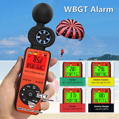 BTMETER BT-881W Heat Stress Meter Anemometer, Digital Indoor/Outdoor WBGT (Wet Bulb Globe Temperature) Meter with Wind Speed, Ambient Temp, Humidity Tester - color: Orange