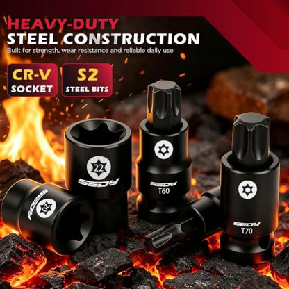 54-Piece Master Torx Bit Socket Set, T8-T70 Star Bits and E4-E24 E-Torx Sockets, Ratchet Wrench, 1/4" Bit Holder, S2 Steel Bits, CR-V Sockets, Extension Bars and Adapters for Auto Repair - style: 54-Piece Master Torx Socket Set（New Version）