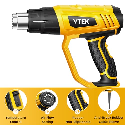 VTEK Heat Gun 1800W Hot Air Gun140℉-1202℉ Fast Heating Variable Temperature Control with 4 Nozzles for Shrinking PVC,Stripping Paint,Vinyl Wrap