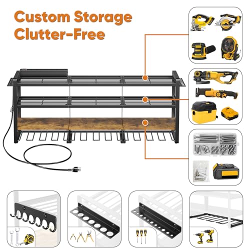 POKIPO Power Tool Organizer Wall Mount with Charging Station, 4 Tier Tool Battery Storage Rack Built in 8 Outlet Power Strip for Garage, 49" W, Black Wood - color: Black Brown, size: 49" W