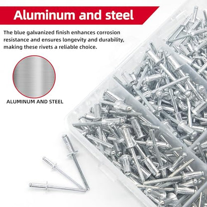 Aluminum Pop Rivets Assortment Kit Blind Rivets for Metal, Furniture, Automotive, Instrument 505 Set