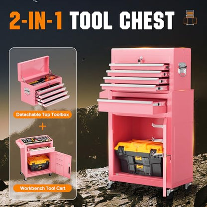 Crownland 5-Drawer Rolling Tool Chest with Wheels, Pink - color: Pink, style: 5-Drawer Rolling Tool Chest