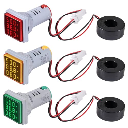 3PCS AC Current Voltage Amperage Power Energy Panel Meter LCD Digital Display Ammeter Voltmeter Multimeter with CT AC 60-500V 0-100A 20-75 Hz Multi-Function Power Monitor - color: Yellow+Red+Green