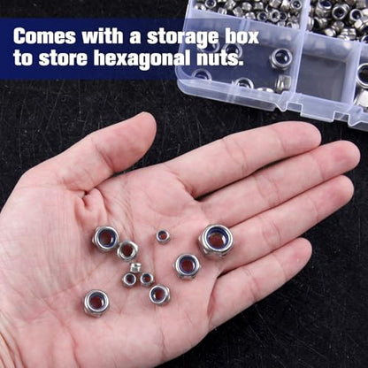 150 Pcs Metric Nylon Insert Hex Lock Nuts 304 Stainless Steel Locknuts Assortment Kit, M3 M4 M5 M6 M8 Standard Threaded Nylock Nuts for Screw Bolt, Self Locking Nuts Set with Storage Box - size: M3-M8