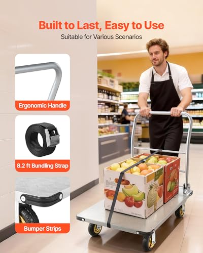 VEVOR Heavy Duty Platform Truck, 2000 LBS Steel Large Flatbed Cart with 360° Swivel Wheels & Brakes, Foldable Platform Hand Push Truck Dolly for Easy Storag/Groceries/Garage/Warehouse (36" X 24") - size: 35.4 x 23.6 x 35.4 in /900 x 600 x 900 mm