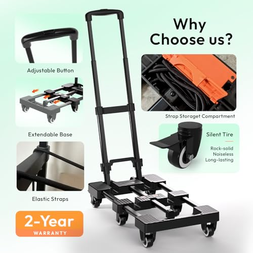 Voipvvii Folding Hand Truck 500lbs, Portable Heavy Duty Dolly Cart, 6 Wheels Collapsible Luggage Cart with 2 Elastic Ropes - Compact Trolley Cart for Easy Moving - Ideal Hand Cart for Travel and More - color: Black