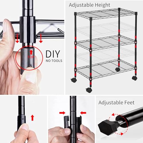 Meet perfect 3-Tier Wire Shelving Unit with Wheels, Black - color: Black, size: 3-Tier, 31.3"H × 23"W × 13"D