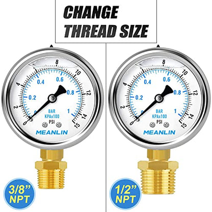 MEANLIN MEASURE 0~15Psi Stainless Steel 1/4" NPT 2.5" FACE DIAL Liquid Filled Pressure Gauge WOG Water Oil Air Lower Mount (Pack of 2), with 1/2" NPT and 3/8" NPT Hex Bushing - size: 0-15Psi (2Pcs)