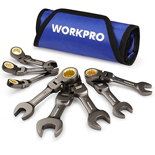 WORKPRO 8 Piece Flex Head Stubby Ratcheting Wrench Set, Metric 9-17mm - size: Metric, style: Nickel-plated