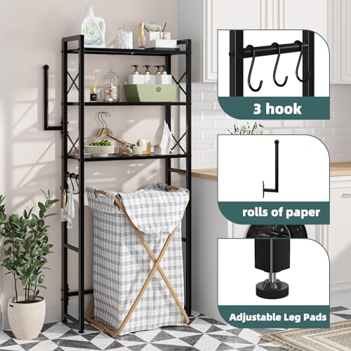 Simple Trending Over The Toilet Storage Rack with Toilet Paper Holder, Heavy Duty Metal 3 Tier Bathroom Organizer Shelf with 3 Hooks,Black - color: 3 Tier Black- Paper Holder