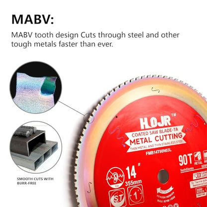 Metal Cutting Circular Saw Blade, Steel and Stainless Steel Cutting, The Cutting Head uses a Special Anti-Heat Sticking Coating with high Finish and Long Life,FMB 14 inch 90-Tooth 1" -TA - size: Steel 14" 90T